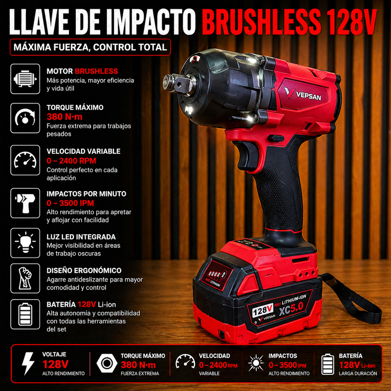 Combo Vepsan Rojo - Taladro 1/2 - Pulidora 4/5 - Rotomartillo SDS PLUS - Llave de impacto de 350 NM de 1/2 - con 4 Baterías y 2 Cargadores foto 8