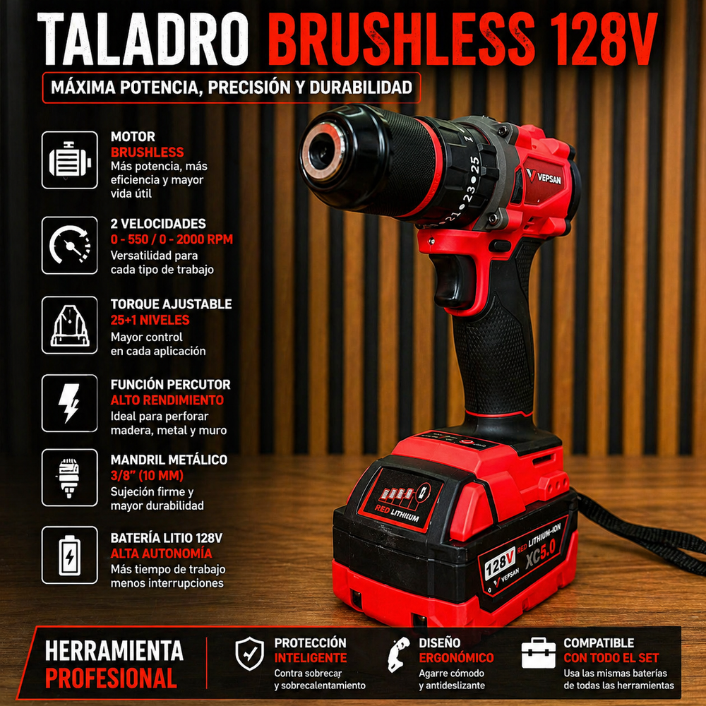 Combo Vepsan Rojo - Taladro 1/2 - Pulidora 4/5 - Rotomartillo SDS PLUS - Llave de impacto de 350 NM de 1/2 - con 4 Baterías y 2 Cargadores - 6