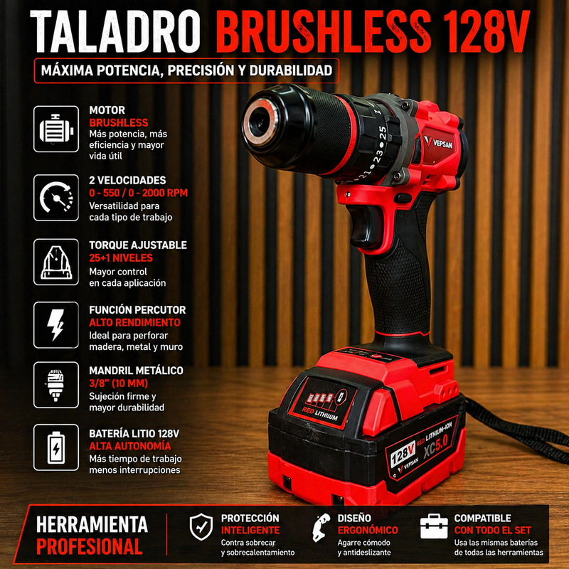 Combo Vepsan Rojo - Taladro 1/2 - Pulidora 4/5 - Rotomartillo SDS PLUS - Llave de impacto de 350 NM de 1/2 - con 4 Baterías y 2 Cargadores foto 6