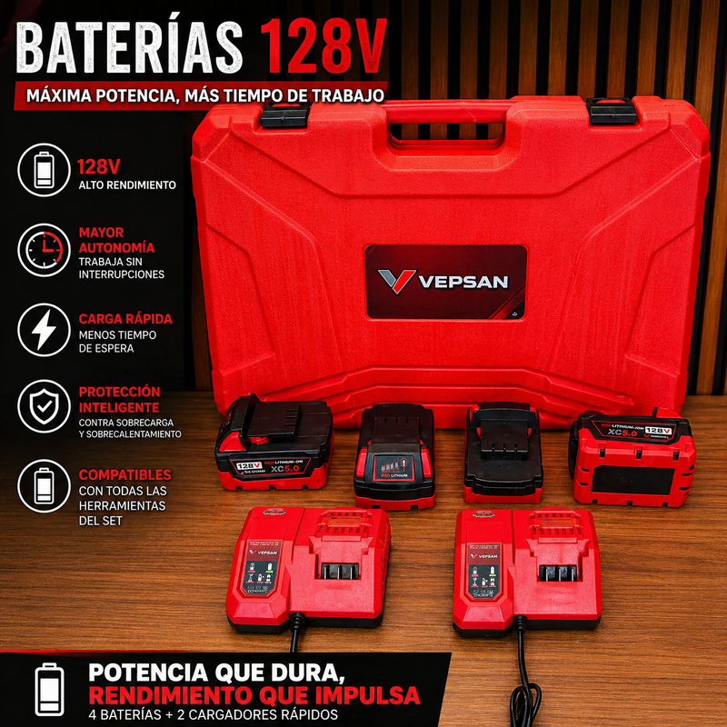 Combo Vepsan Rojo - Taladro 1/2 - Pulidora 4/5 - Rotomartillo SDS PLUS - Llave de impacto de 350 NM de 1/2 - con 4 Baterías y 2 Cargadores foto 5