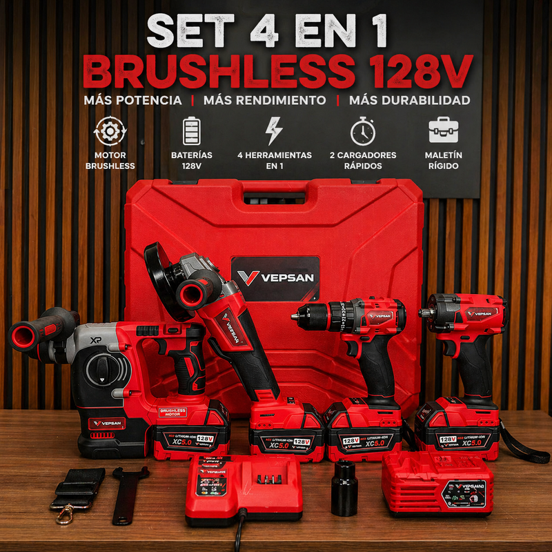 Combo Vepsan Rojo - Taladro 1/2 - Pulidora 4/5 - Rotomartillo SDS PLUS - Llave de impacto de 350 NM de 1/2 - con 4 Baterías y 2 Cargadores foto 4