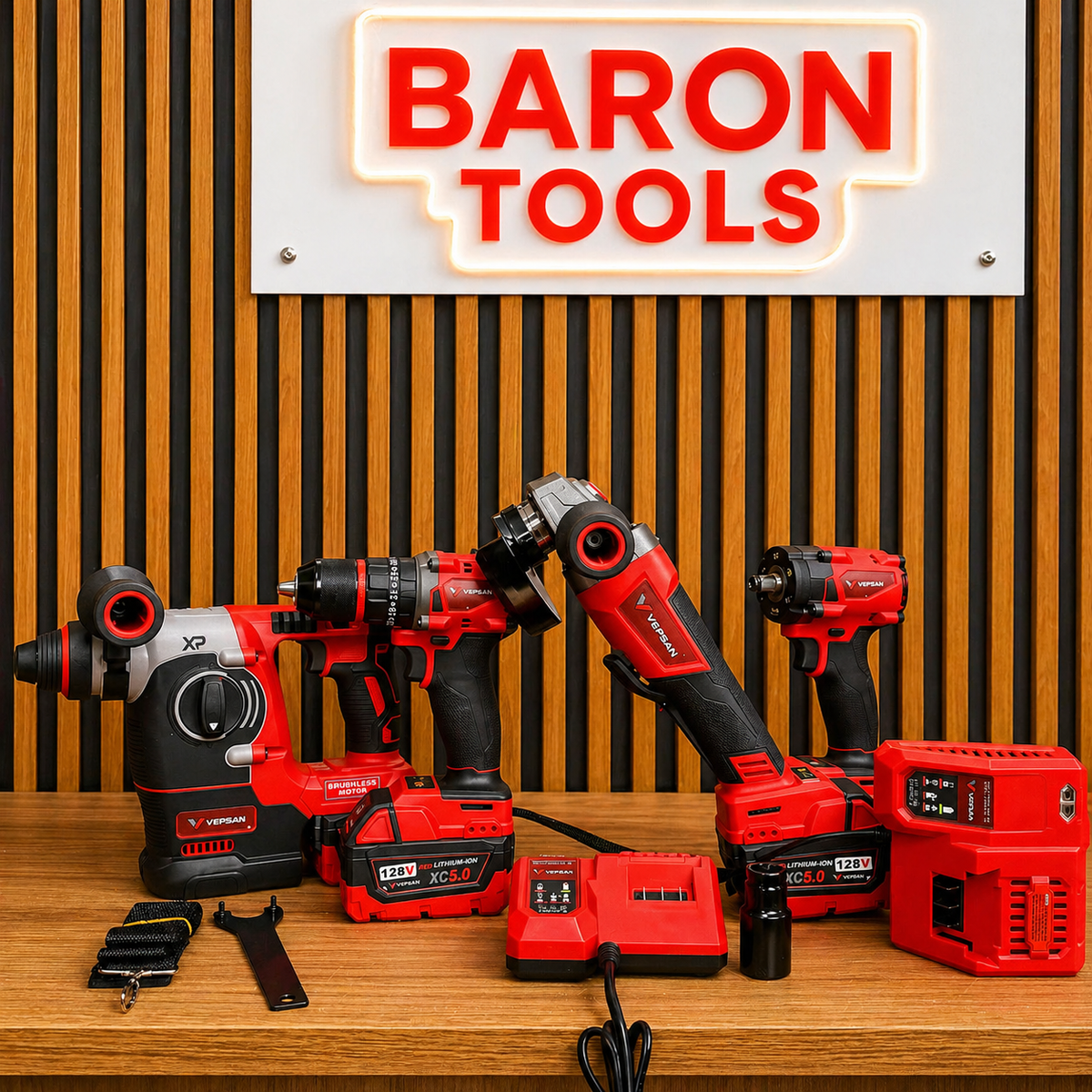 Combo Vepsan Rojo - Taladro 1/2 - Pulidora 4/5 - Rotomartillo SDS PLUS - Llave de impacto de 350 NM de 1/2 - con 4 Baterías y 2 Cargadores - Kit completo