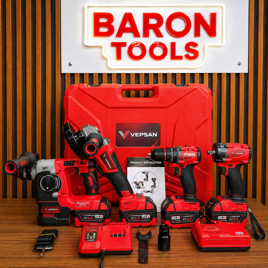 Combo Vepsan Rojo - Taladro 1/2 - Pulidora 4/5 - Rotomartillo SDS PLUS - Llave de impacto de 350 NM de 1/2 - con 4 Baterías y 2 Cargadores