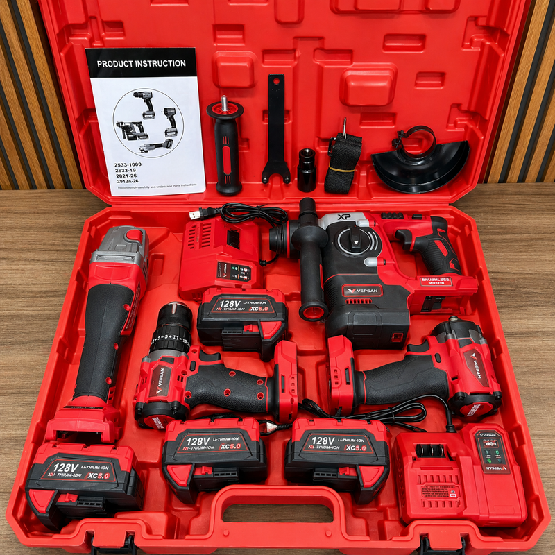 Combo Vepsan Rojo - Taladro 1/2 - Pulidora 4/5 - Rotomartillo SDS PLUS - Llave de impacto de 350 NM de 1/2 - con 4 Baterías y 2 Cargadores foto 2