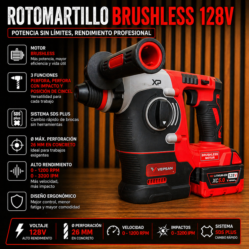 Combo Vepsan Rojo - Taladro 1/2 - Pulidora 4/5 - Rotomartillo SDS PLUS - Llave de impacto de 350 NM de 1/2 - con 4 Baterías y 2 Cargadores - 9