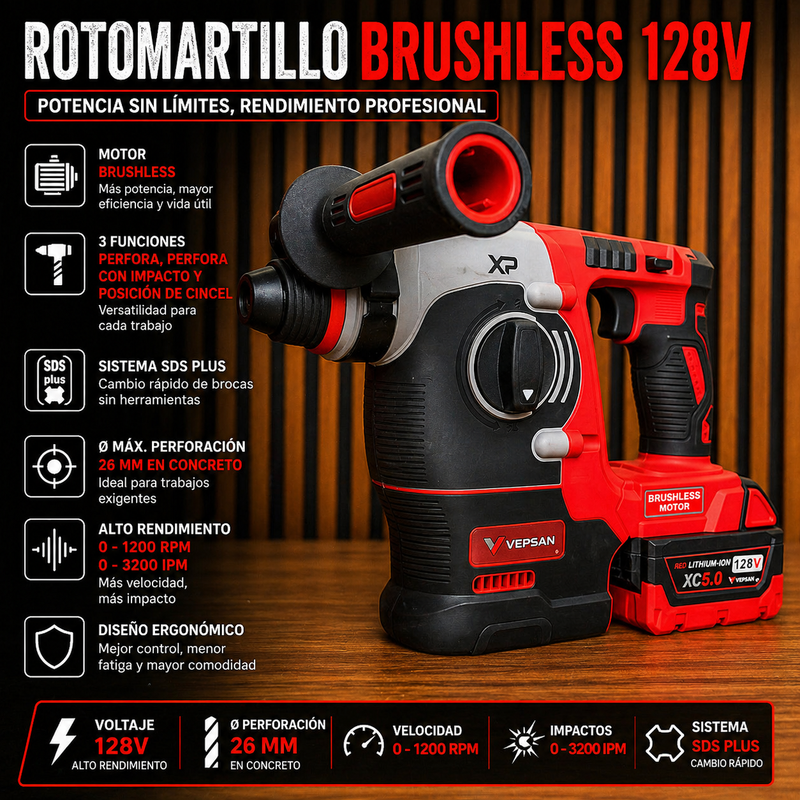 Combo Vepsan Rojo - Taladro 1/2 - Pulidora 4/5 - Rotomartillo SDS PLUS - Llave de impacto de 350 NM de 1/2 - con 4 Baterías y 2 Cargadores foto 9
