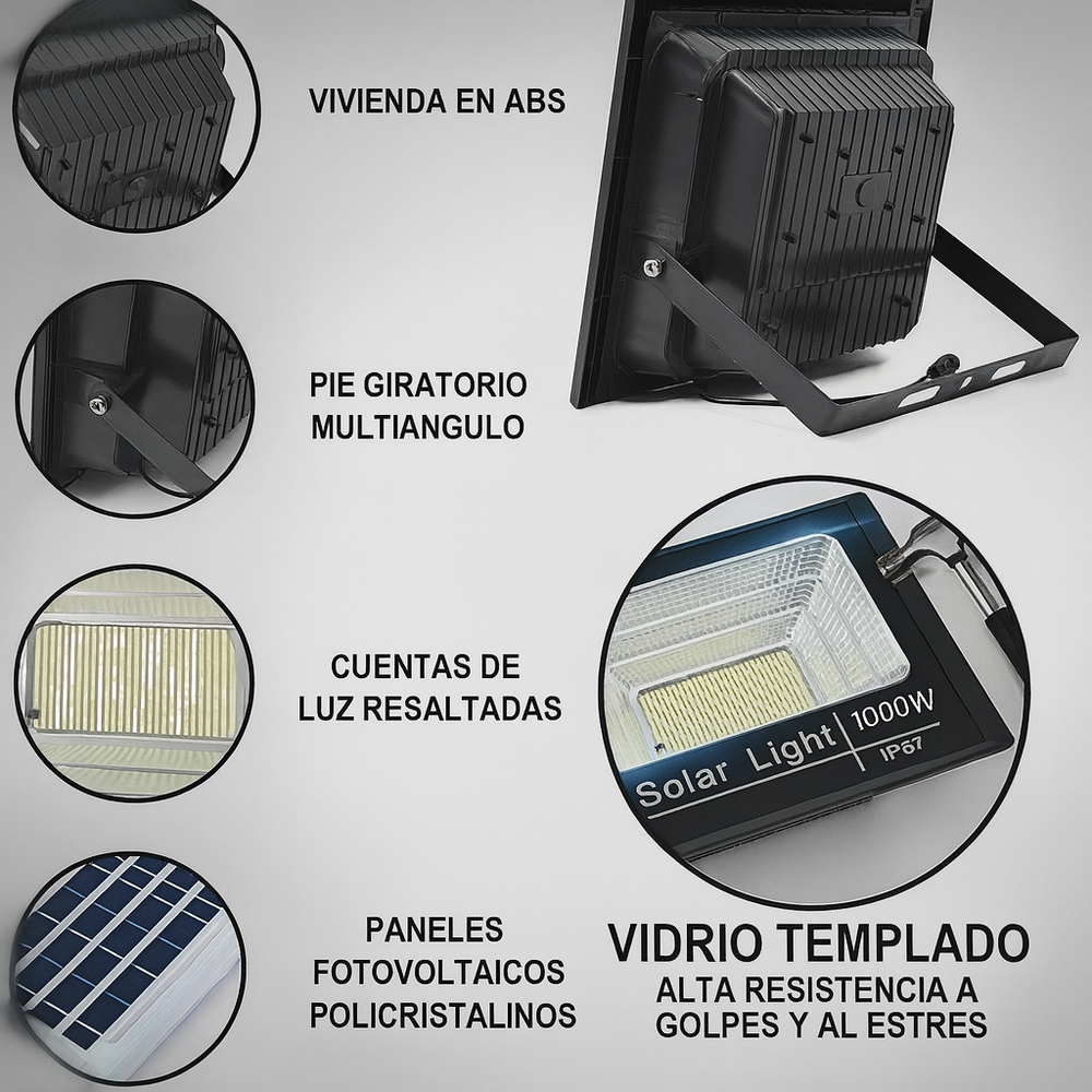 Reflector Solar 1000W + Panel y Control – Iluminación LED Potente y Ecológica para Exteriores - 6
