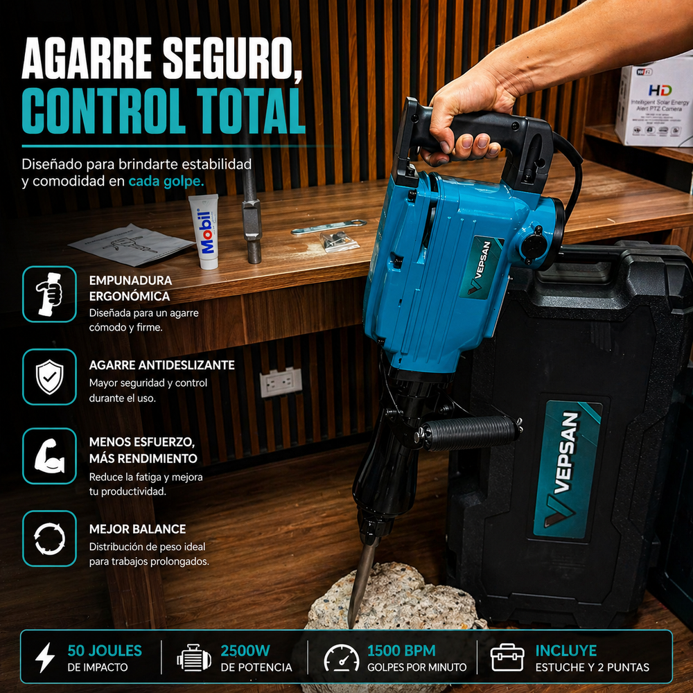 Demoledor Eléctrico VEPSAN 50J 2500W – Potencia Industrial para Trabajo Pesado - 1 AÑO de Garantia - 6