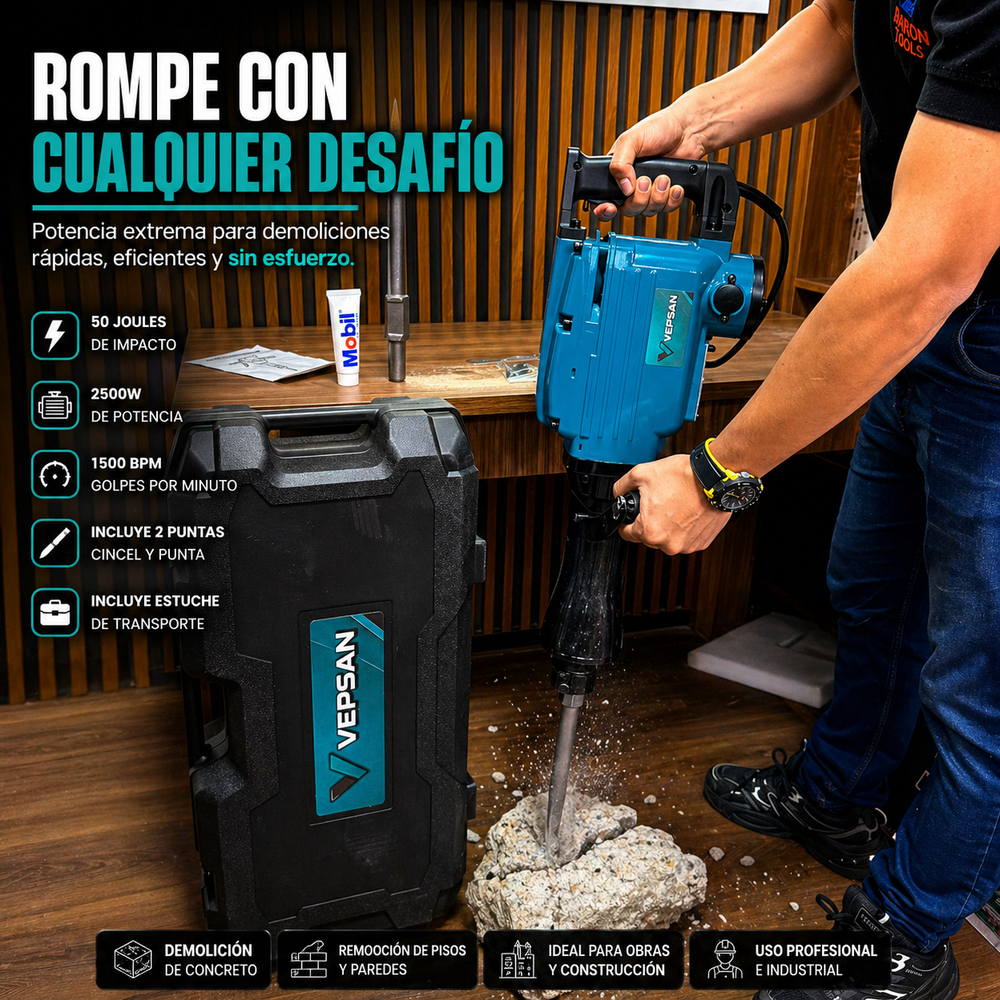 Demoledor Eléctrico VEPSAN 50J 2500W – Potencia Industrial para Trabajo Pesado - 1 AÑO de Garantia - 5