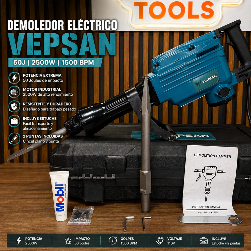 Demoledor Eléctrico VEPSAN 50J 2500W – Potencia Industrial para Trabajo Pesado - 1 AÑO de Garantia foto 3