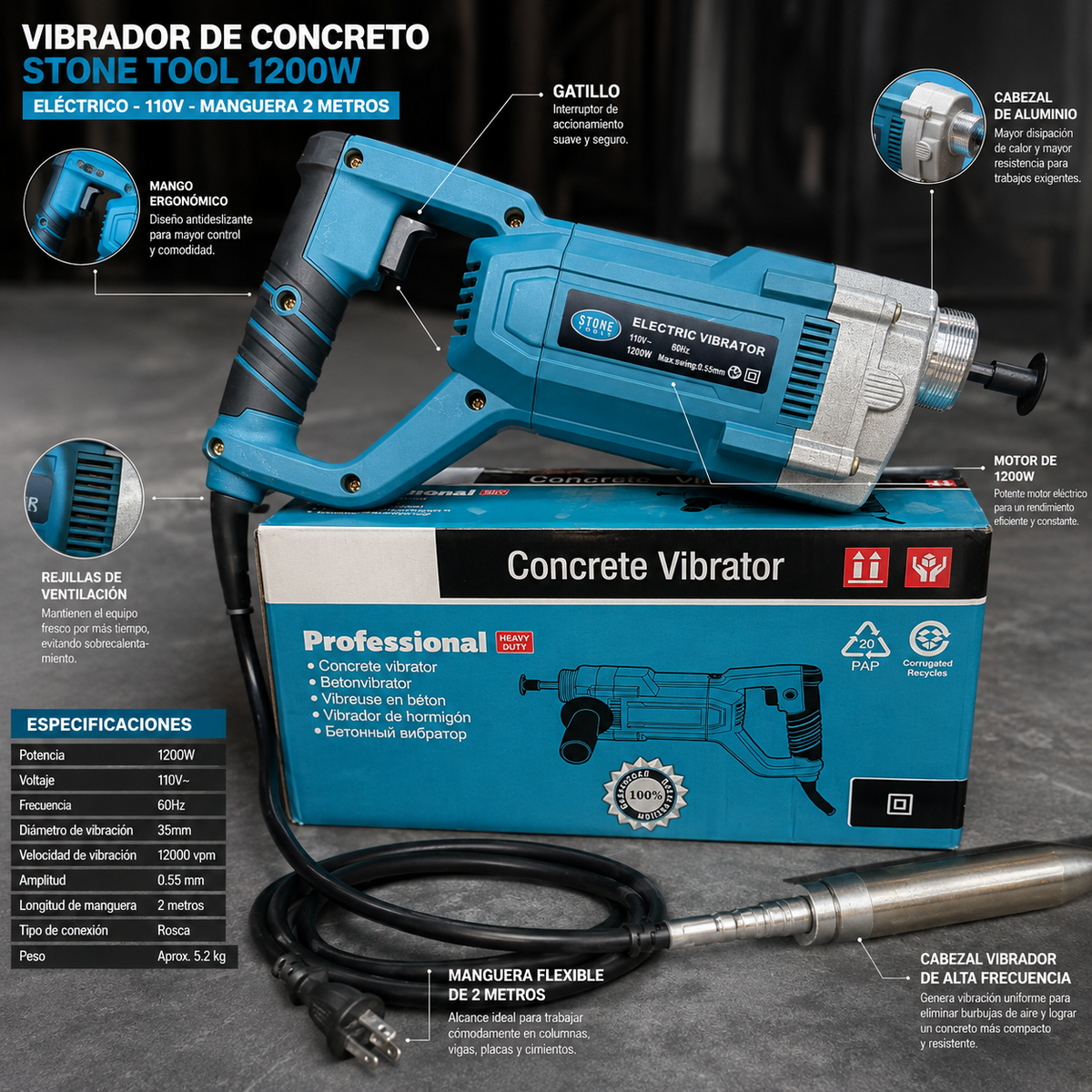 Vibrador de Concreto STONE TOOLS 1200W — Manguera de 2 Metros | Concreto Compacto y sin Burbujas de Aire