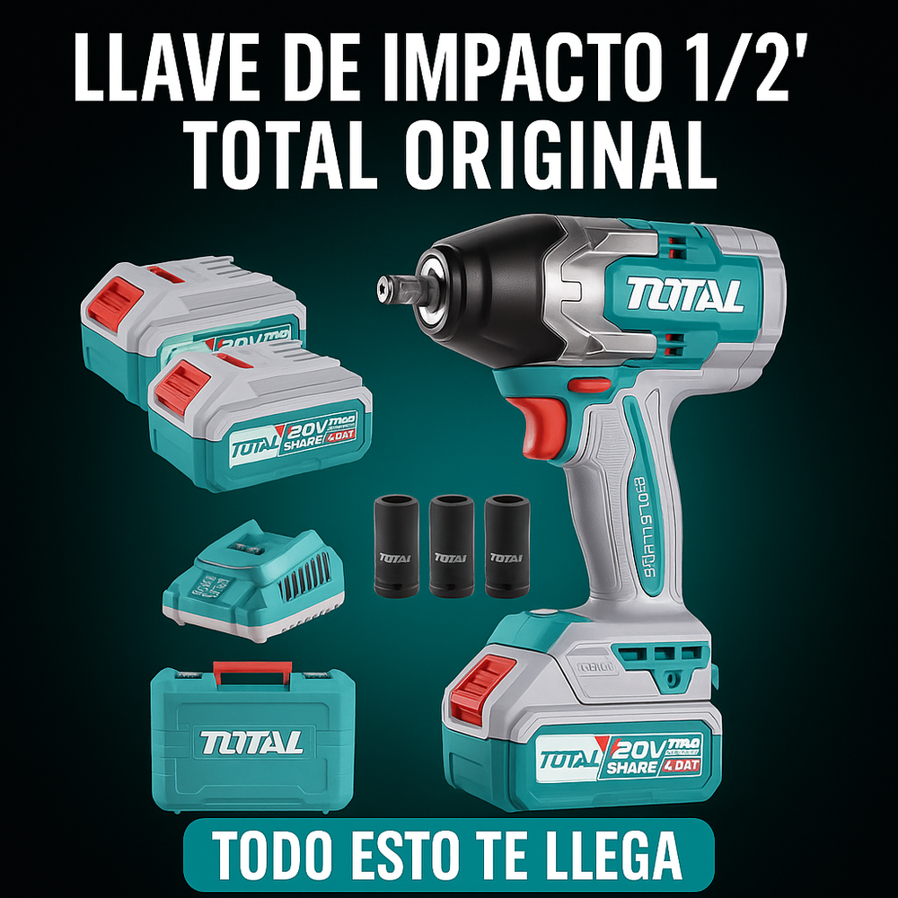 Llave de Impacto 1/2 TOTAL 100% ORIGINAL - Toque (Apreta 850 Nm - Afloja 1000 Nm) - 1 año de Garantía - 1
