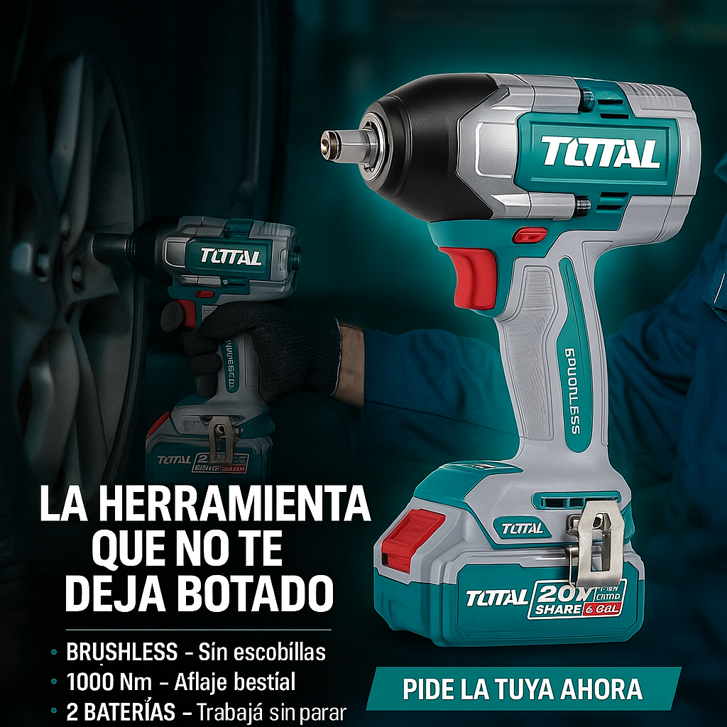 Llave de Impacto 1/2 TOTAL 100% ORIGINAL - Toque (Apreta 850 Nm - Afloja 1000 Nm) - 1 año de Garantía - Kit completo