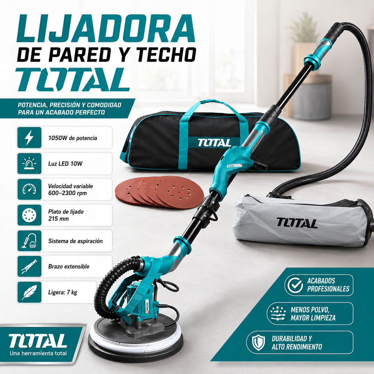 Lijadora de Pared y Techo Total 1050W / 100% Original  / 1 año garantía - Kit completo