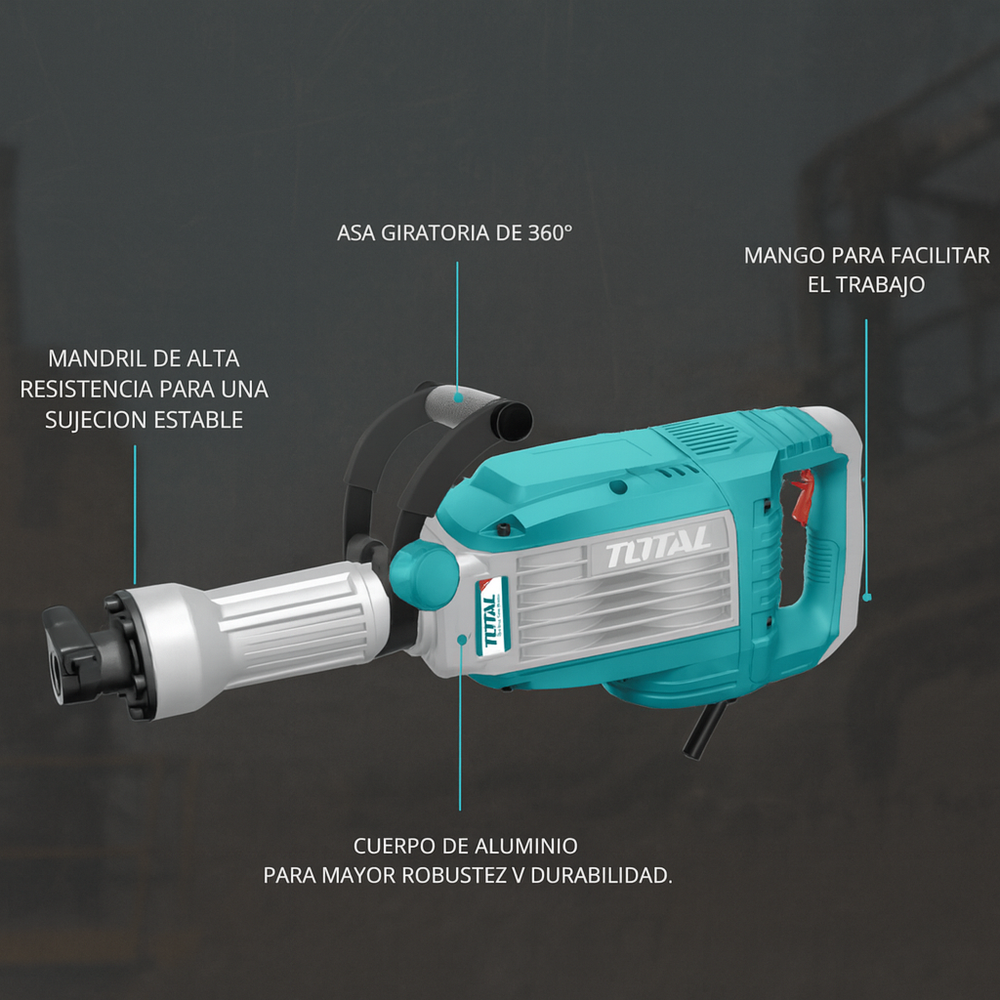 Demoledor Industrial TOTAL SDS HEX 1700W – 50J con Maletín y Cinceles - 10