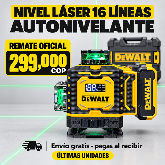 Nivel Láser DeWALT 16 Líneas Verdes 4x360° – Autonivelante con accesorios