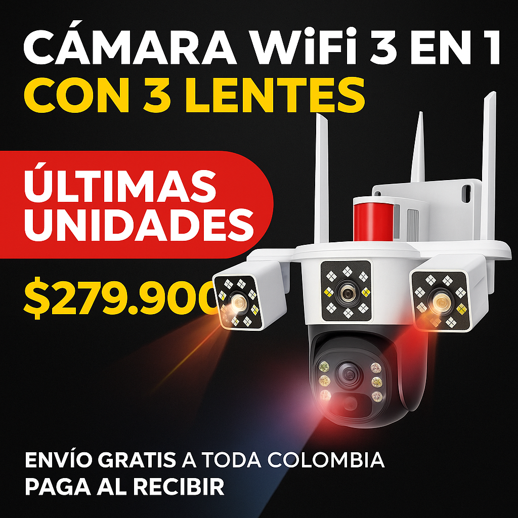 Cámara de Seguridad WiFi 3 en 1 – 3 Lentes 6K | Visión Nocturna + Alarma + Zoom
