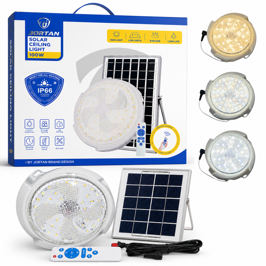 Lámpara Solar Jortan de Techo 100W con Control Remoto y 3 Tonos de Luz