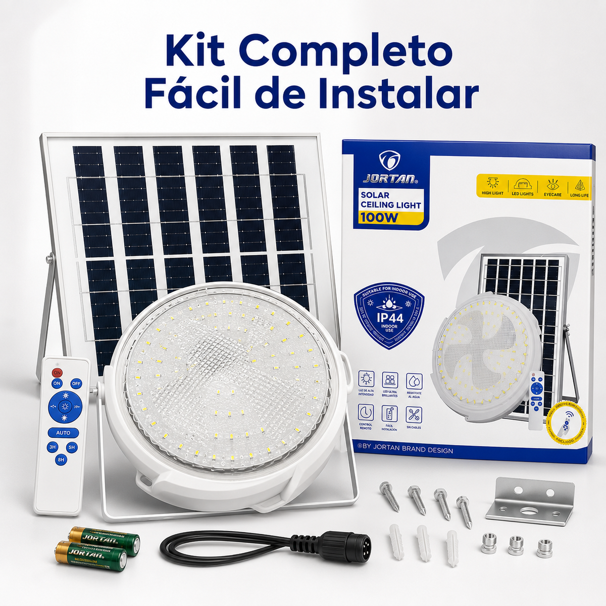 Lámpara Solar Jortan de Techo 100W con Control Remoto y 3 Tonos de Luz - en uso