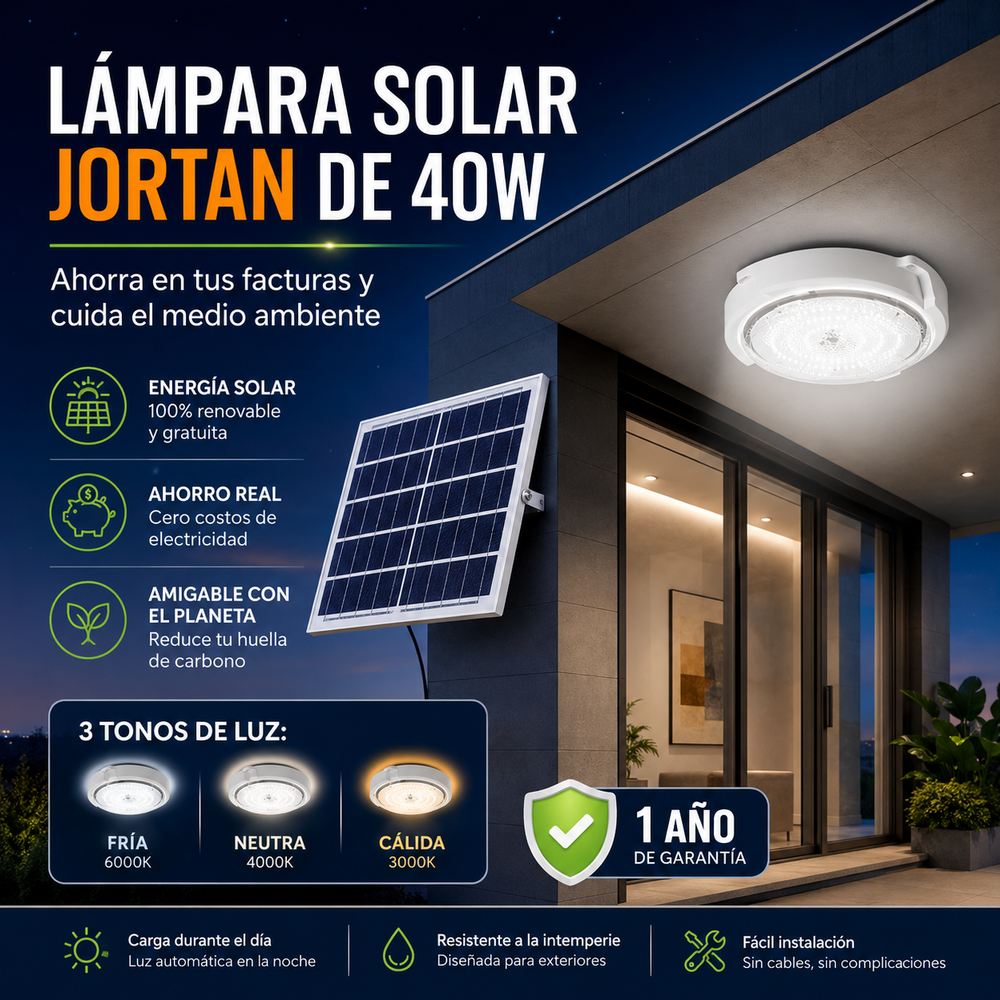 Lampara Solar LED de Techo 40W con Control Remoto y 3 Tonos de Luz - 1