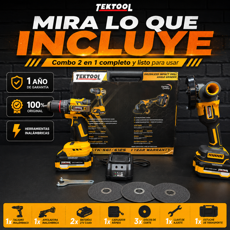 Combo TekTool 2 en 1 Original Taladro 1/2 (55Nm) + Pulidora 4"1/2 (850W) – 1 AÑO DE GARANTIA foto 11