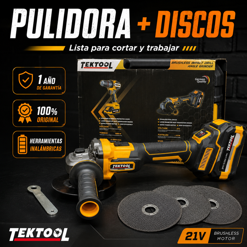 Combo TekTool 2 en 1 Original Taladro 1/2 (55Nm) + Pulidora 4"1/2 (850W) – 1 AÑO DE GARANTIA foto 2