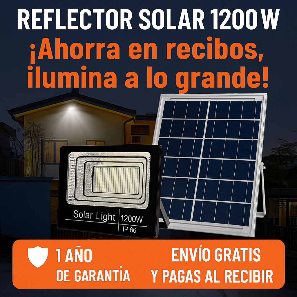Reflector LED Recargable Solar 1200W – Grande y Potente 1 Año de garantia - Kit completo