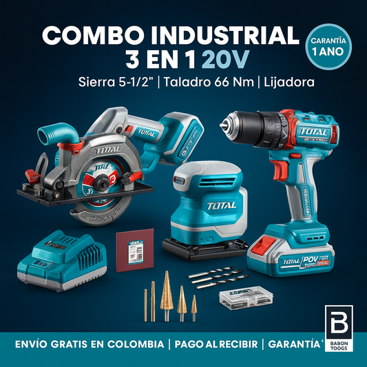 Combo Industrial 3 en 1: Sierra 5-1/2”, Taladro 66 Nm y Lijadora + Cargador (2 baterías 2Ah/4Ah)