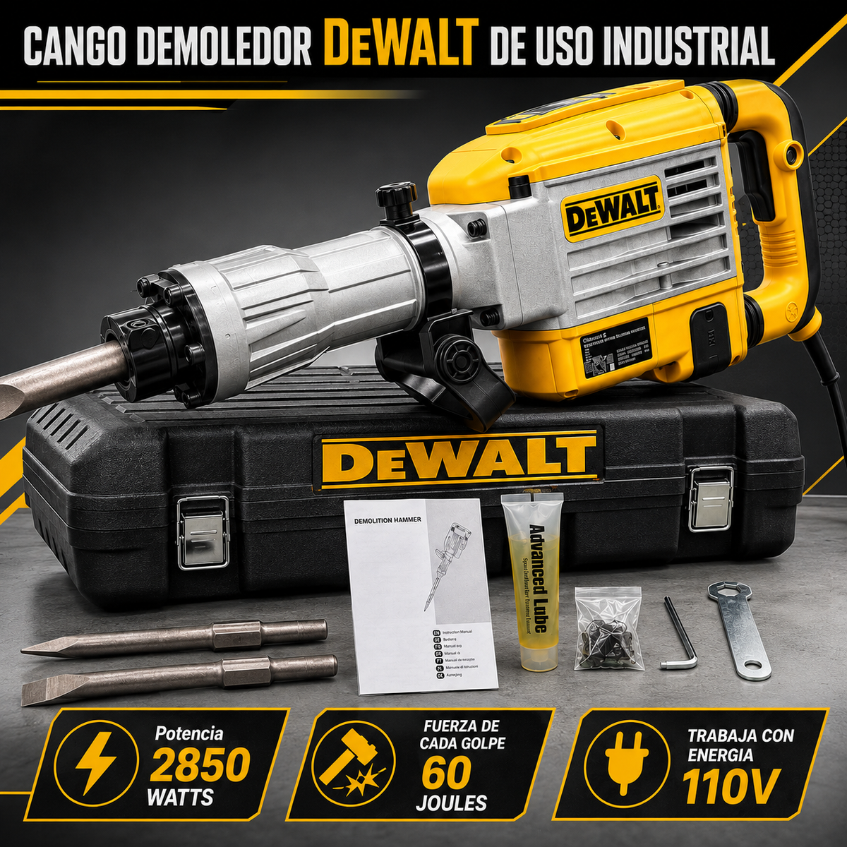 Demoledor Industrial DeWALT 60J – 2850W | HEX 30 mm con Maletín y 2 Cinceles