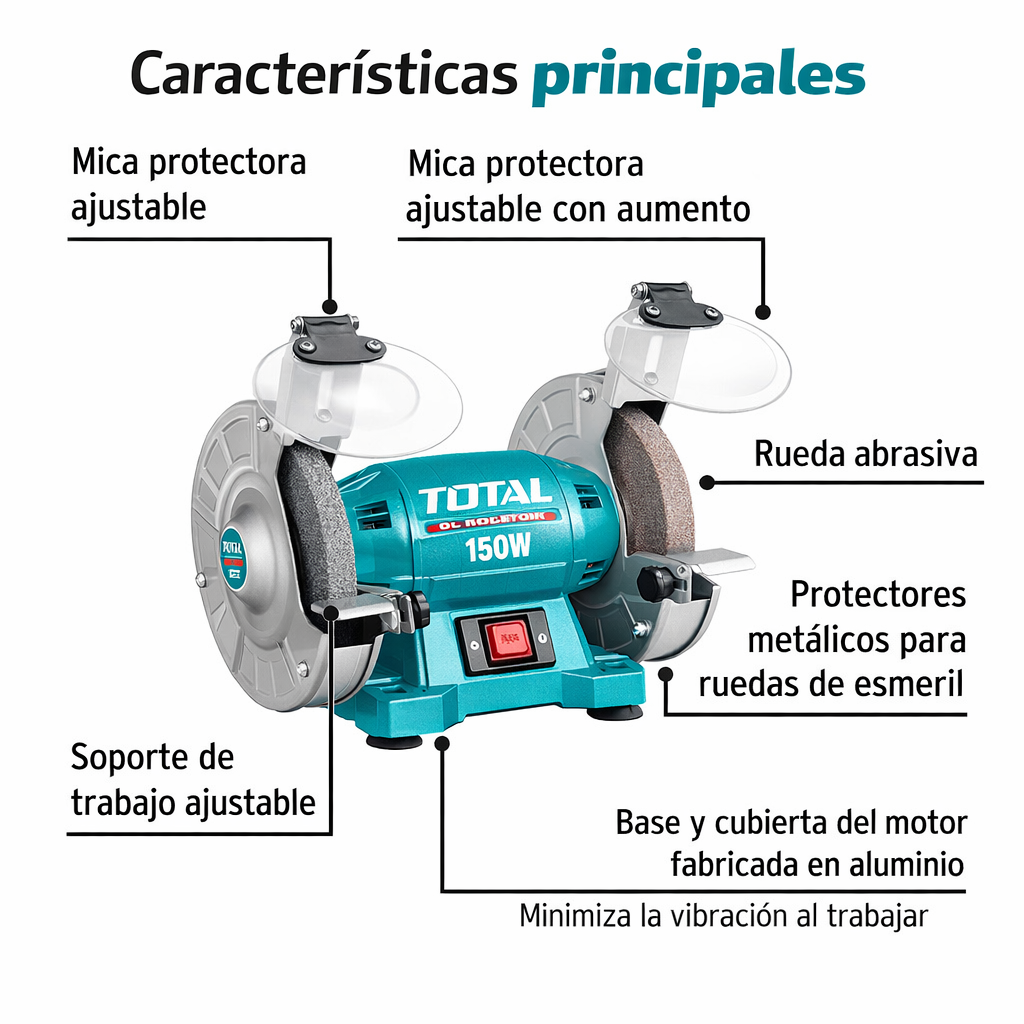 Esmeril de Banco TOTAL 6” 150W (UTBG15015) – 3450 RPM – 1 Año de Garantía - en uso