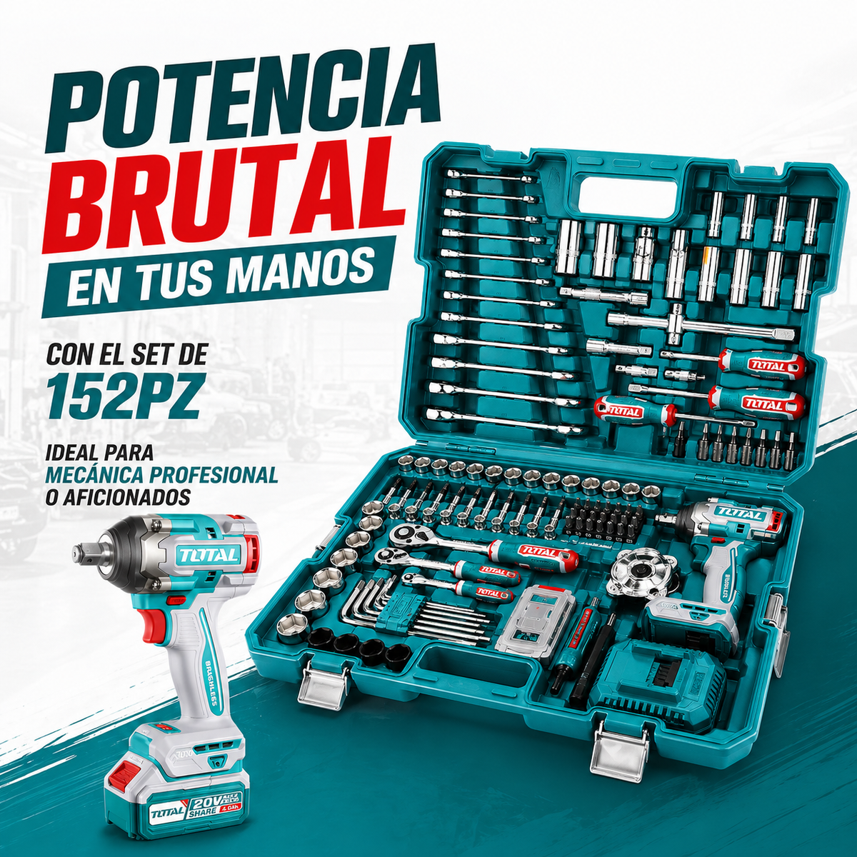 Pistola de Impacto 500NM  TOTAL + KIT 152 Herramientas + 1 Año de Garantia