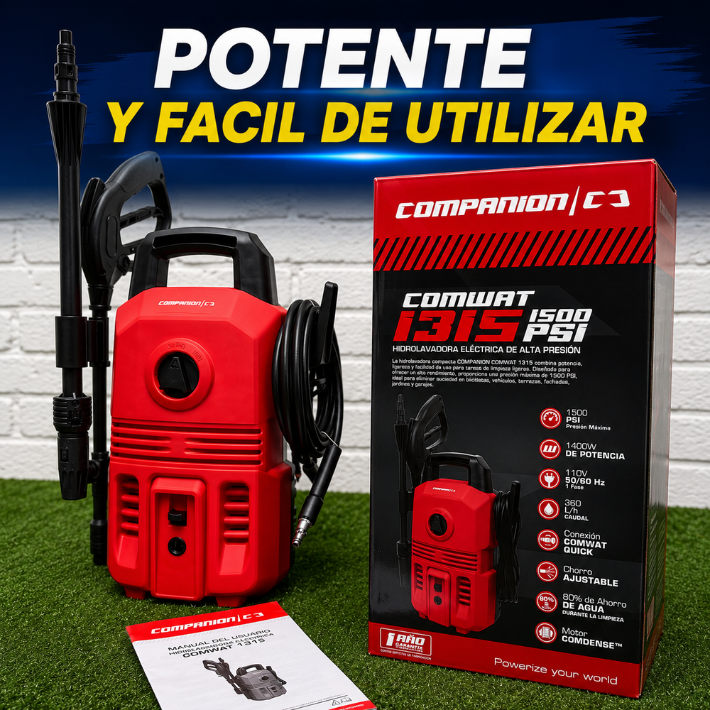 Hidrolavadora Eléctrica Companion C3 COMWAT 1315 — 1500 PSI · 1400W con Kit Completo - 1