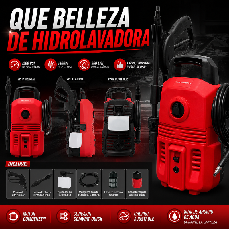 Hidrolavadora Eléctrica Companion C3 COMWAT 1315 — 1500 PSI · 1400W con Kit Completo foto 3