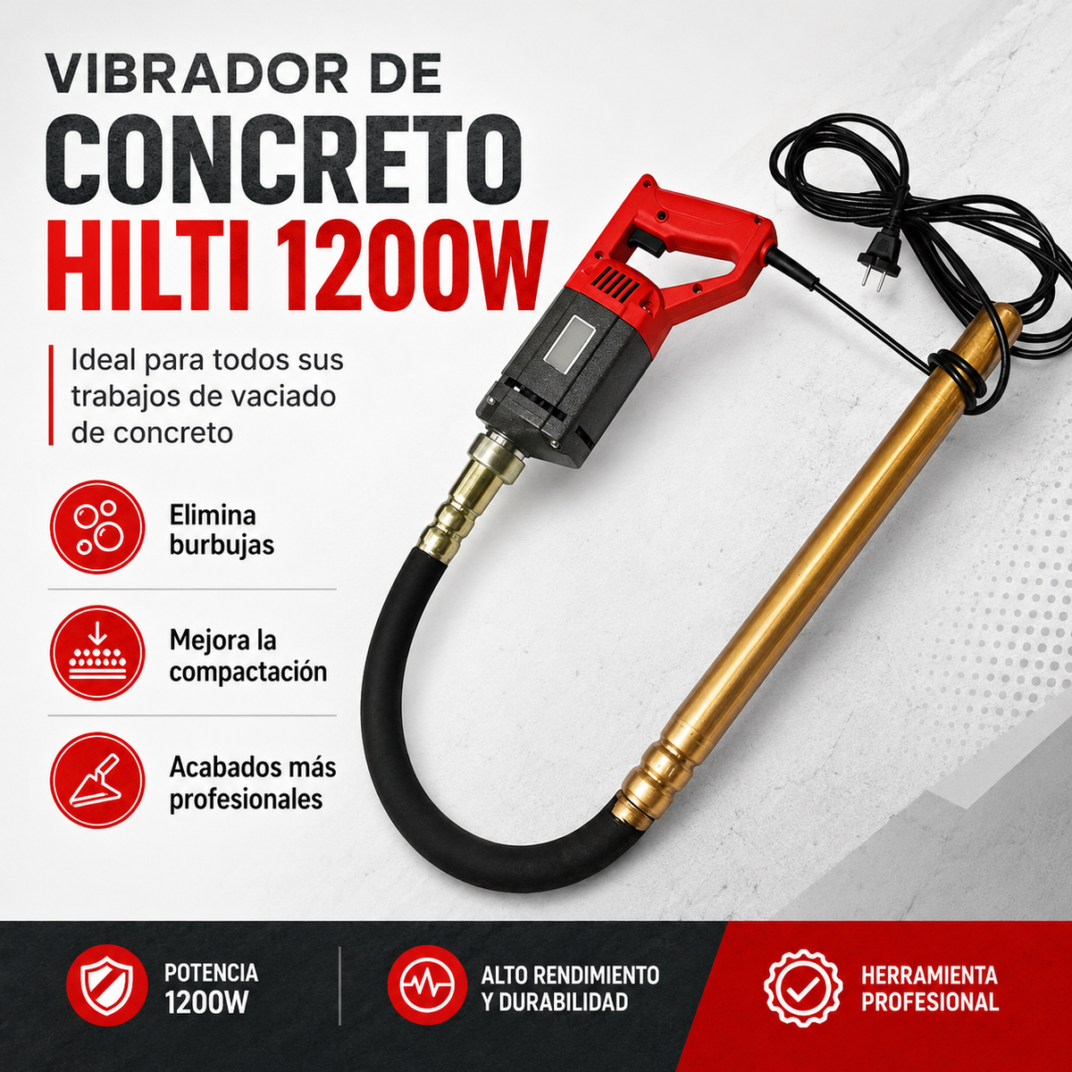 Vibrador de Concreto Industrial tipo HILTI 1200W — Concreto firme, obra segura