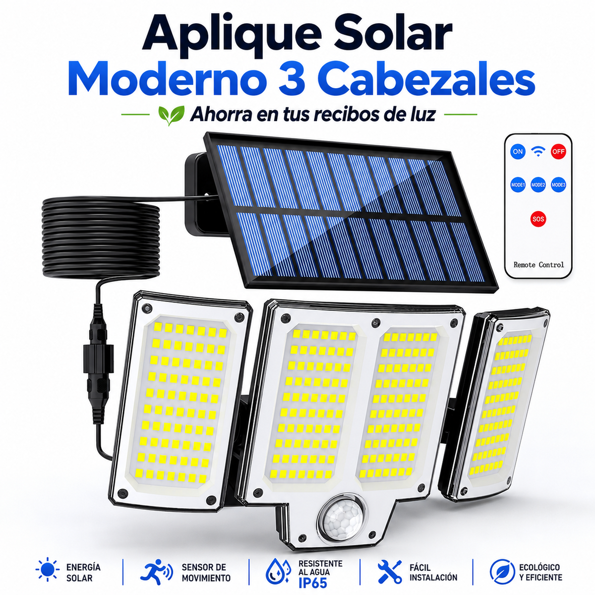 Aplique Solar LED 3 Cabezales con Sensor de Movimiento y Control Remoto - 1