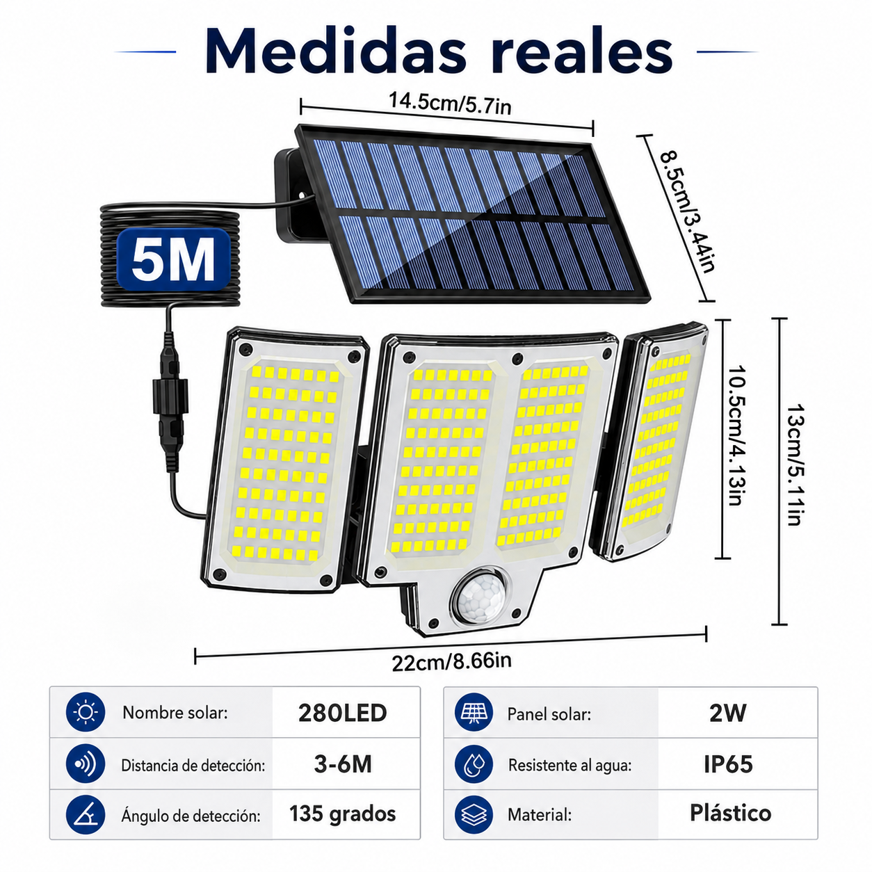 Aplique Solar LED 3 Cabezales con Sensor de Movimiento y Control Remoto - Kit completo