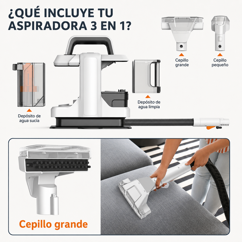 ASPIRADORA 3 EN 1 DE 750W Limpia profundo: succiona, inyecta agua y cepilla Garantía de 1 año foto 4