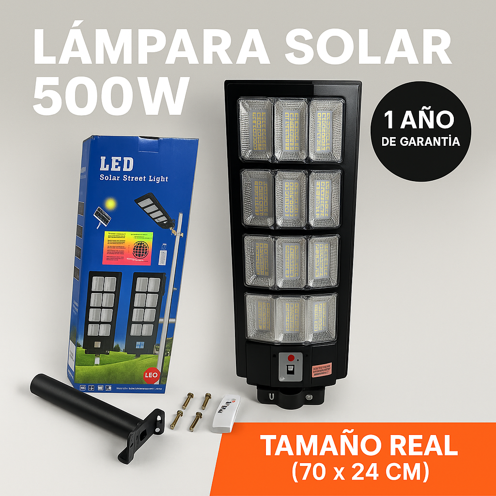 Lámpara Solar 500W – Grande (70 x 24 cm) + Obsequio: Tubo de Instalación – 1 Año de Garantía Real