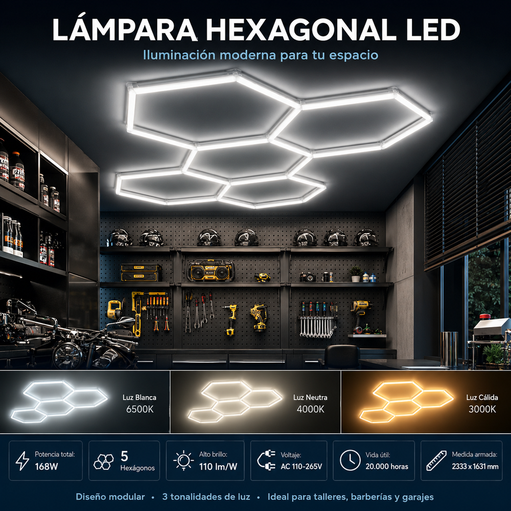 Lámpara Hexagonal LED BigLed 168W – 5 Hexágonos, 3 Tonos de Luz y 1 Año de Garantía - 1
