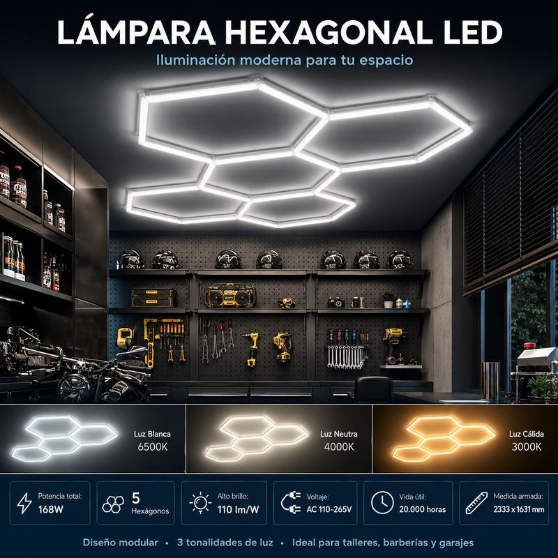 Lámpara Hexagonal LED BigLed 168W – 5 Hexágonos, 3 Tonos de Luz y 1 Año de Garantía foto 1