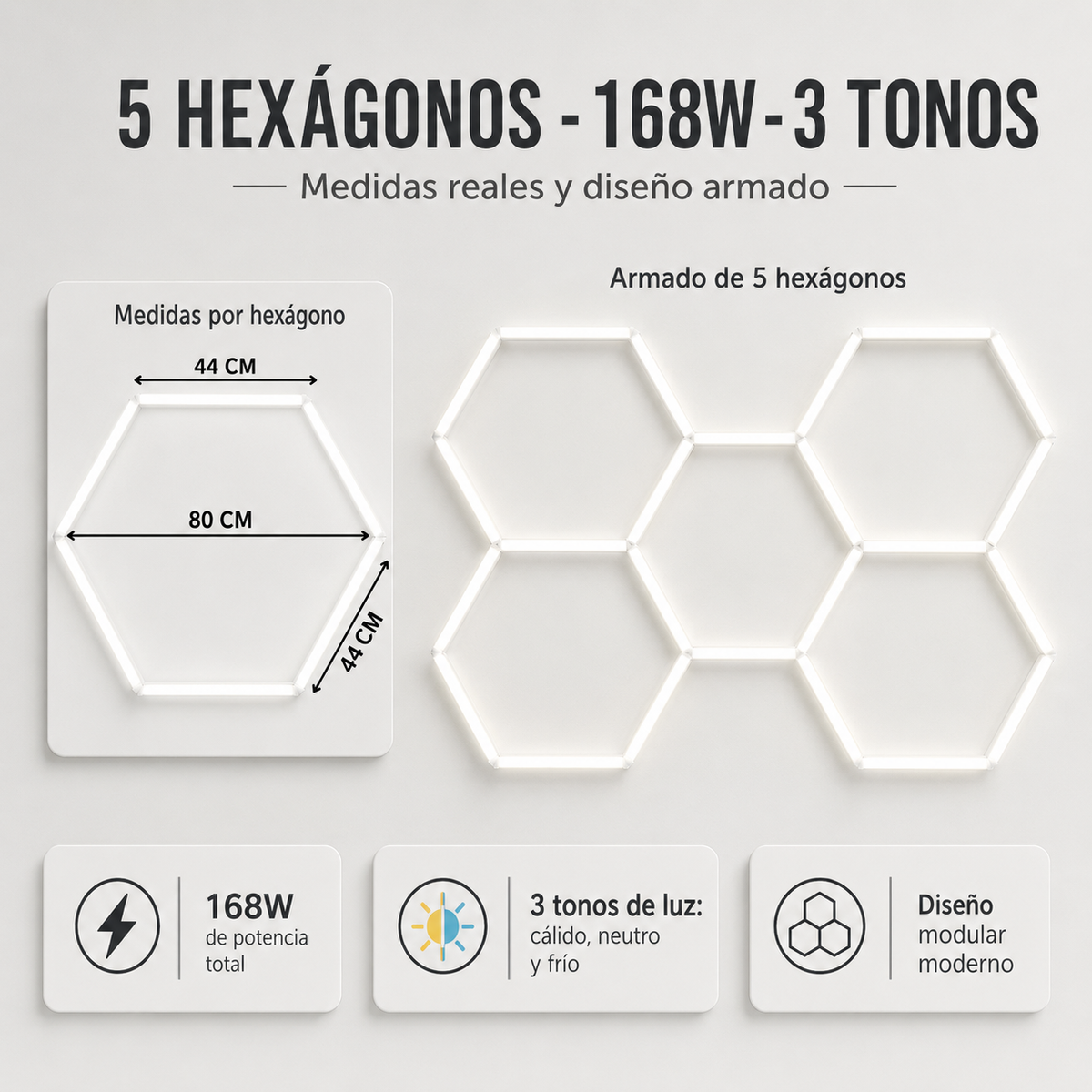 Lámpara Hexagonal LED BigLed 168W – 5 Hexágonos, 3 Tonos de Luz y 1 Año de Garantía - Kit completo