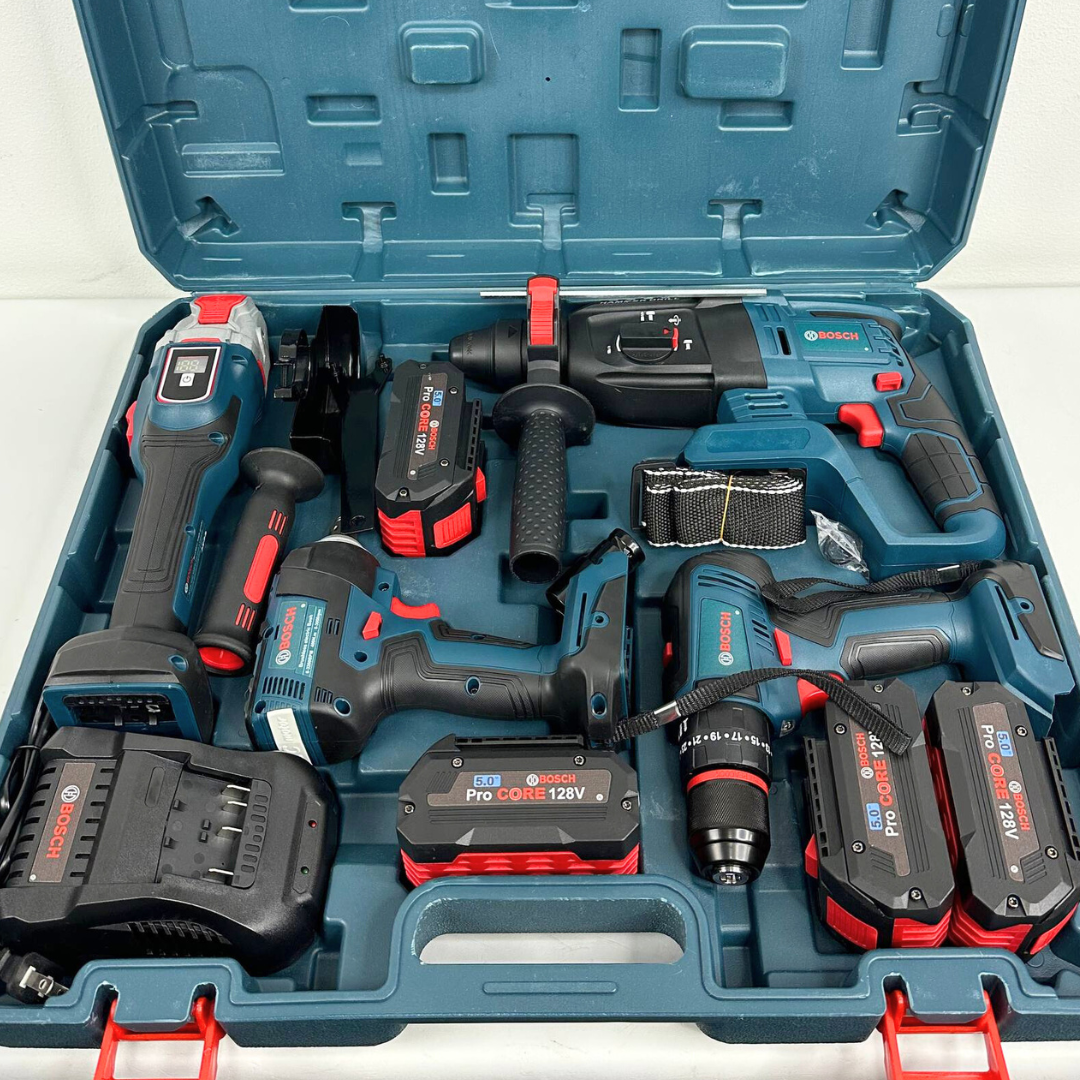 Combo 4 en 1  BOSCH (Pulidora 10.000 RPM, Rotomartillo Triple Función, Taladro 3/8 y Llave de Impacto 400 Nm) Brushless Motor, 4 Baterías.