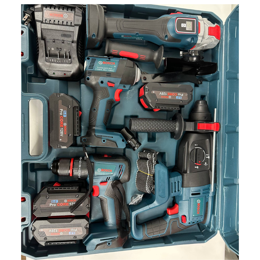 Combo 4 en 1  BOSCH (Pulidora 10.000 RPM, Rotomartillo Triple Función, Taladro 3/8 y Llave de Impacto 400 Nm) Brushless Motor, 4 Baterías.