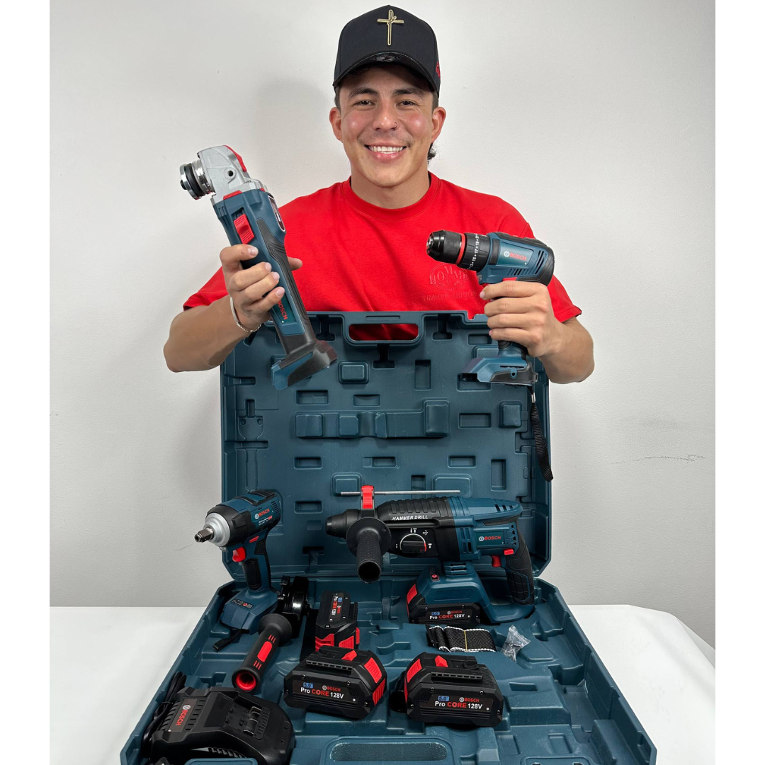 Combo 4 en 1  BOSCH (Pulidora 10.000 RPM, Rotomartillo Triple Función, Taladro 3/8 y Llave de Impacto 400 Nm) Brushless Motor, 4 Baterías.