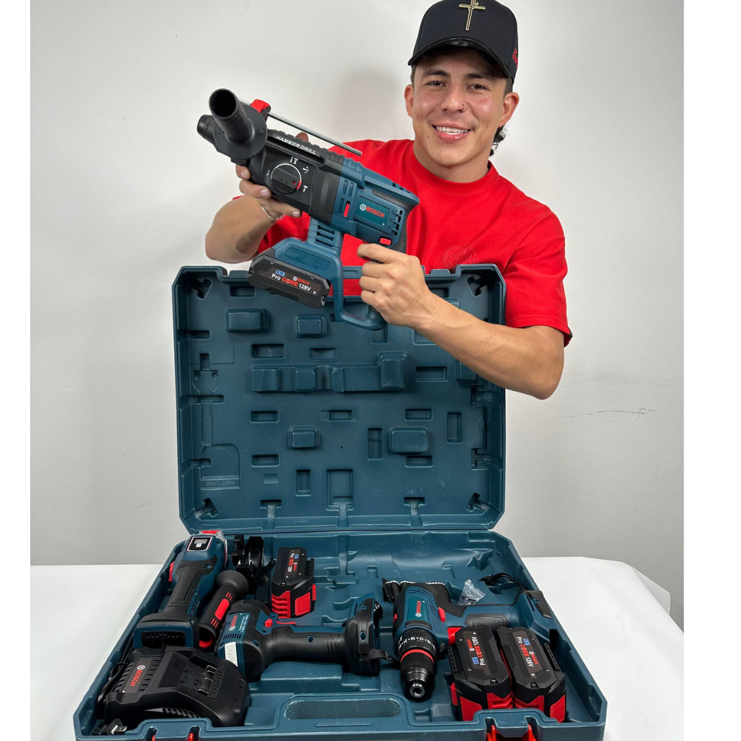 Combo 4 en 1  BOSCH (Pulidora 10.000 RPM, Rotomartillo Triple Función, Taladro 3/8 y Llave de Impacto 400 Nm) Brushless Motor, 4 Baterías.