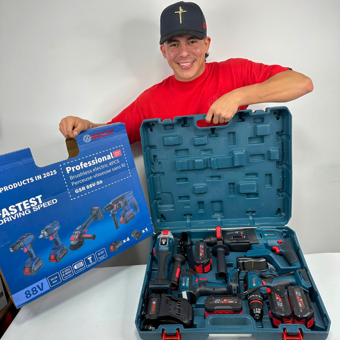 Combo 4 en 1  BOSCH (Pulidora 10.000 RPM, Rotomartillo Triple Función, Taladro 3/8 y Llave de Impacto 400 Nm) Brushless Motor, 4 Baterías.