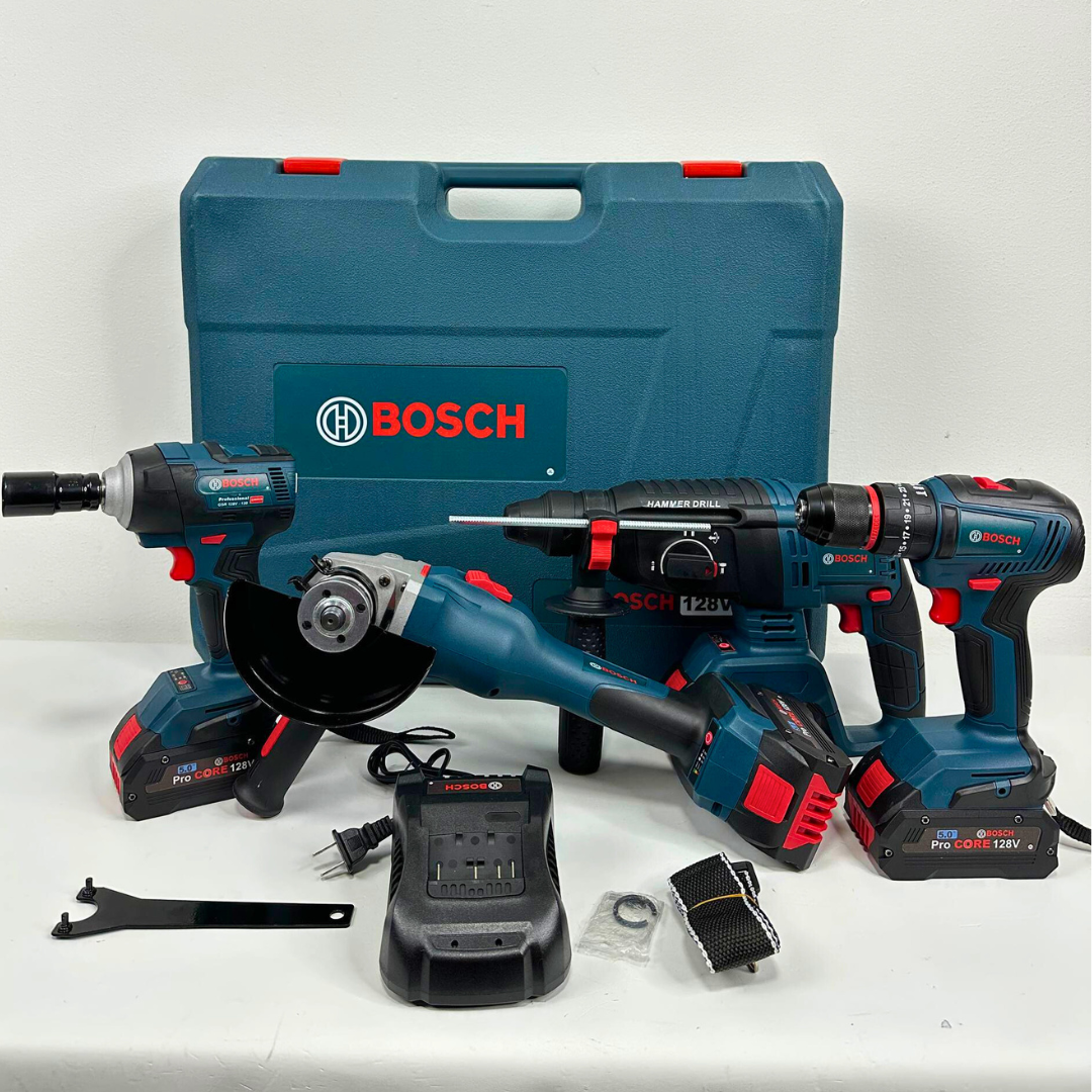 Combo 4 en 1  BOSCH (Pulidora 10.000 RPM, Rotomartillo Triple Función, Taladro 3/8 y Llave de Impacto 400 Nm) Brushless Motor, 4 Baterías.