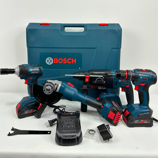 Combo 4 en 1  BOSCH (Pulidora 10.000 RPM, Rotomartillo Triple Función, Taladro 3/8 y Llave de Impacto 400 Nm) Brushless Motor, 4 Baterías.