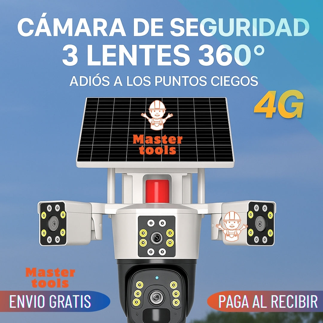 Cámara de Seguridad 4G - Funciona con Chip, Panel Solar y Triple Lente 360°