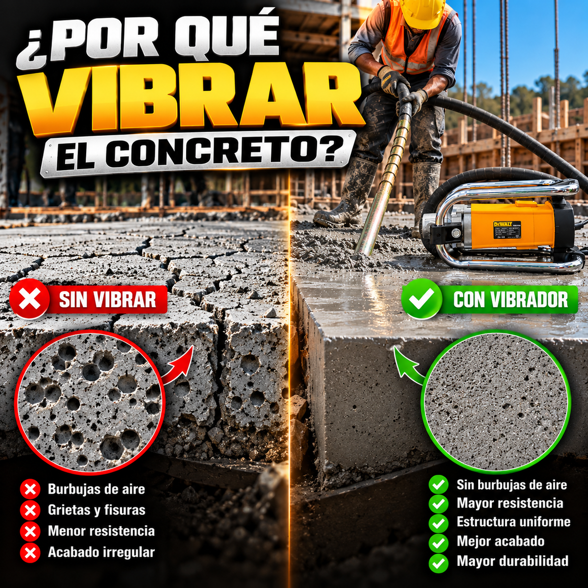 Vibrador de Concreto Industrial tipo DeWALT 2800W ZIN-160 | Manguera de 6 m | 110 V | 4.300 r/min | 1 Año de Garantía - en uso